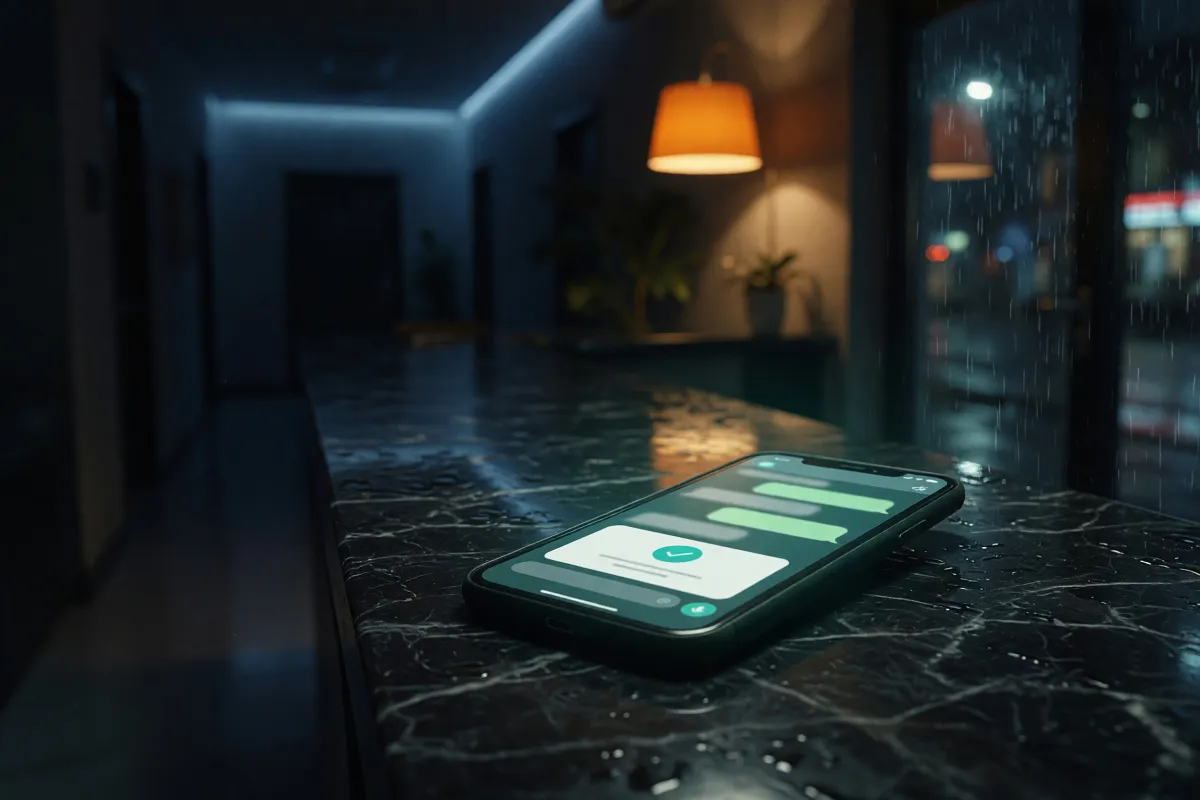 Phone face-up on a dark reception counter at night, screen lit with green chat bubbles and a booking tick