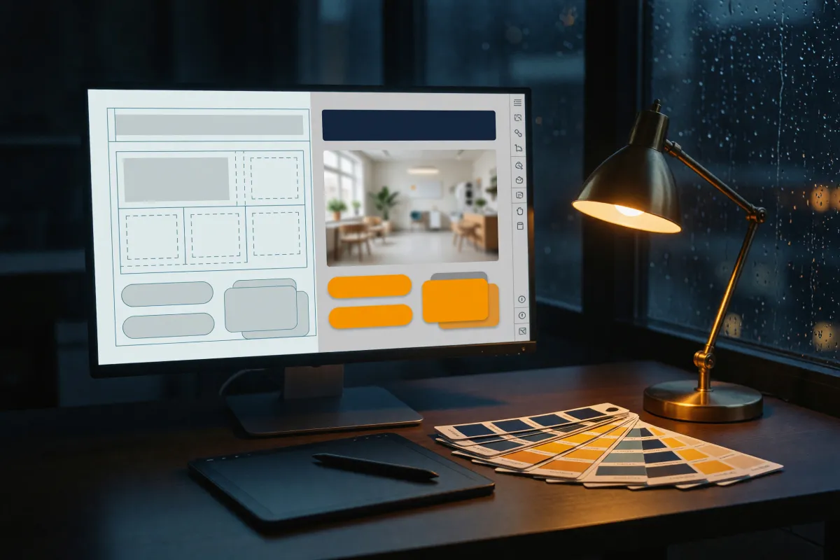 Monitor at night showing a clinic website half wireframe, half finished page, with a pen tablet and colour swatches