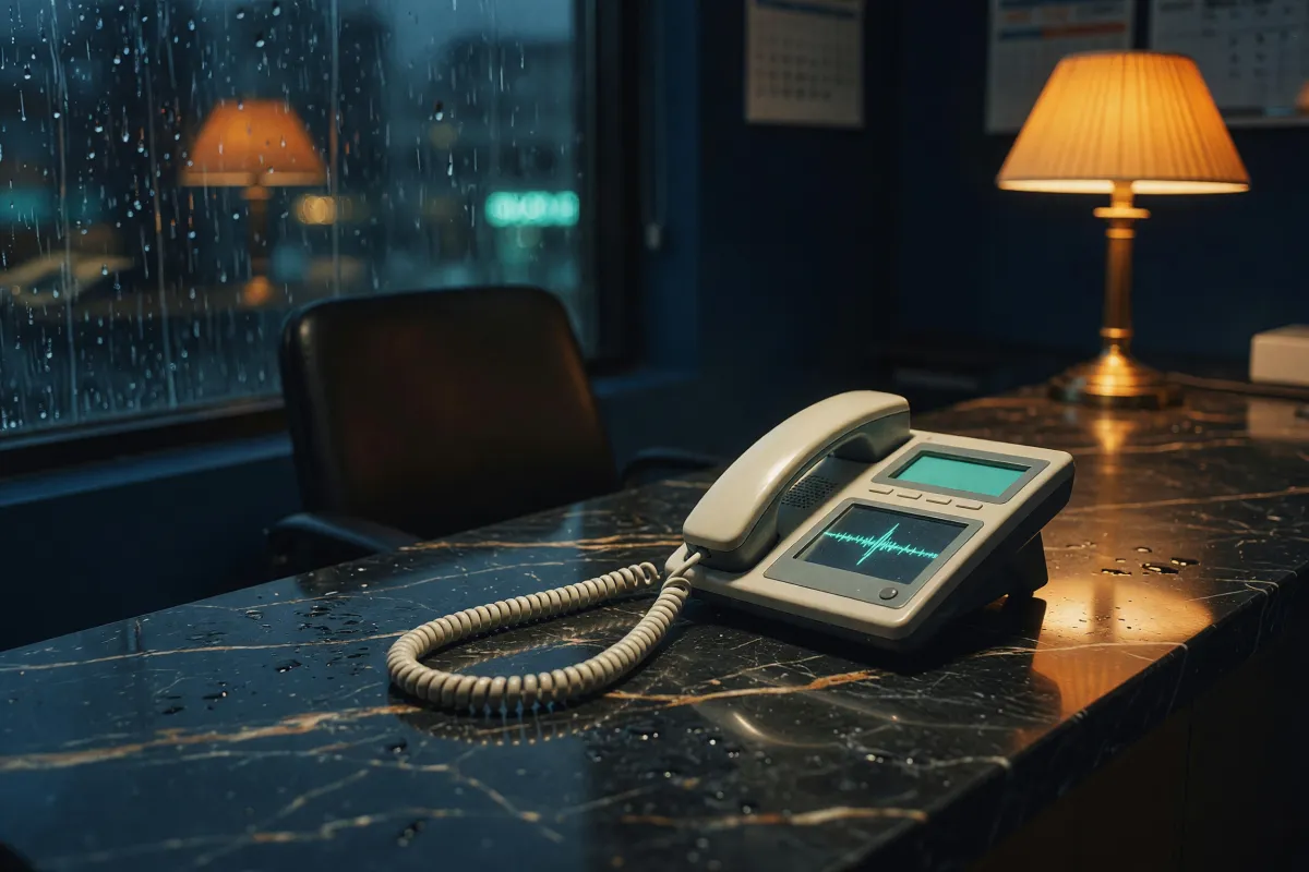 Desk phone on a dark reception counter at night, a small teal sound wave on its display, lamp and rain behind
